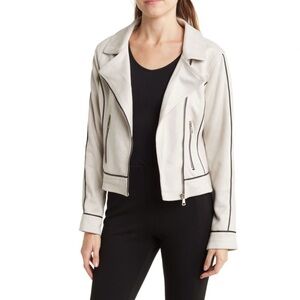 Laundry By Shelli Segal Cream/Gray Microfiber Faux-suede Moto Biker Jacket Large